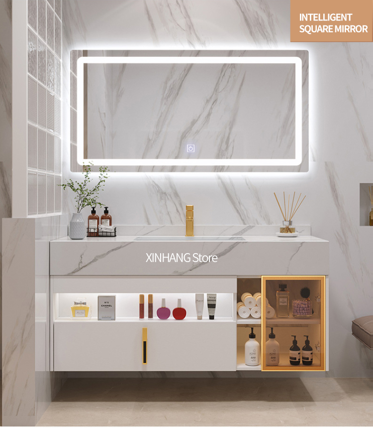 Ánh sáng mới Sang trọng Đá phiến Tủ phòng tắm Cảm ứng thông minh Chậu rửa đôi Bộ đầy đủ Nội thất gỗ nguyên khối Bàn rửa tùy chỉnh