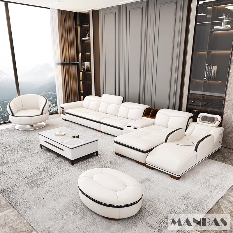 Sofa da thật hình chữ L sang trọng có loa Bluetooth – Ghế sofa da Ý phòng khách MANBAS có massage