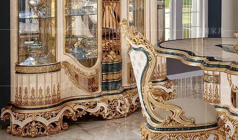 Bàn ghế ăn vải chạm khắc gỗ nguyên khối của Pháp kết hợp biệt thự Châu Âu hình chữ nhật 1 bàn 8 ghế sang trọng trọn bộ
