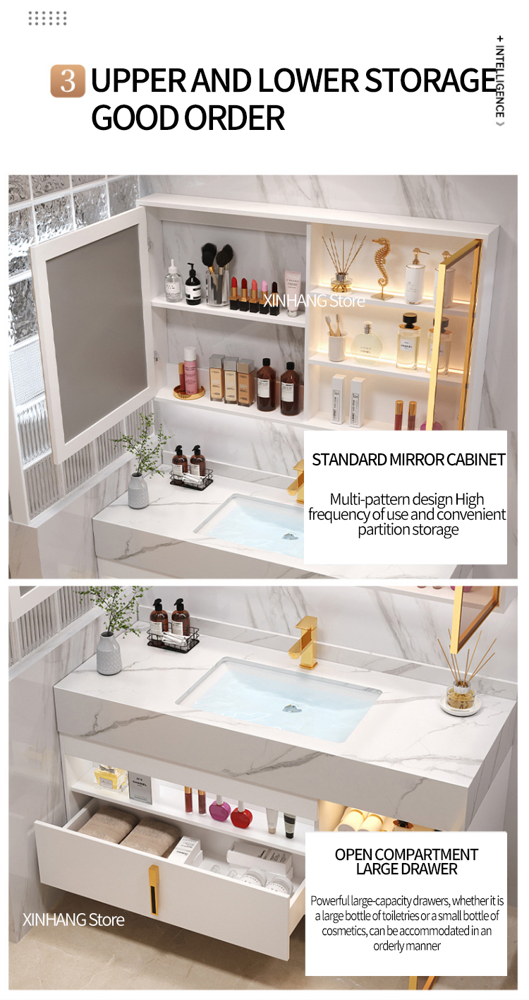 Ánh sáng mới Sang trọng Đá phiến Tủ phòng tắm Cảm ứng thông minh Chậu rửa đôi Bộ đầy đủ Nội thất gỗ nguyên khối Bàn rửa tùy chỉnh