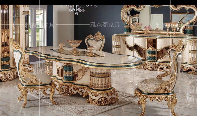 Bàn ghế ăn vải chạm khắc gỗ nguyên khối của Pháp kết hợp biệt thự Châu Âu hình chữ nhật 1 bàn 8 ghế sang trọng trọn bộ