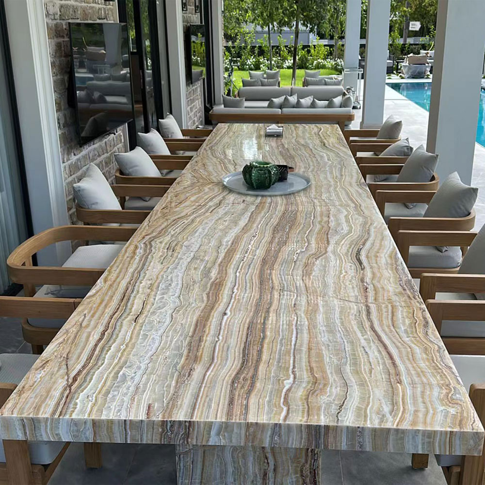 Ngoài trời sang trọng bằng đá cẩm thạch tự nhiên hình chữ nhật 10-12 chỗ Bàn ăn Bộ bàn ăn bằng đá thật