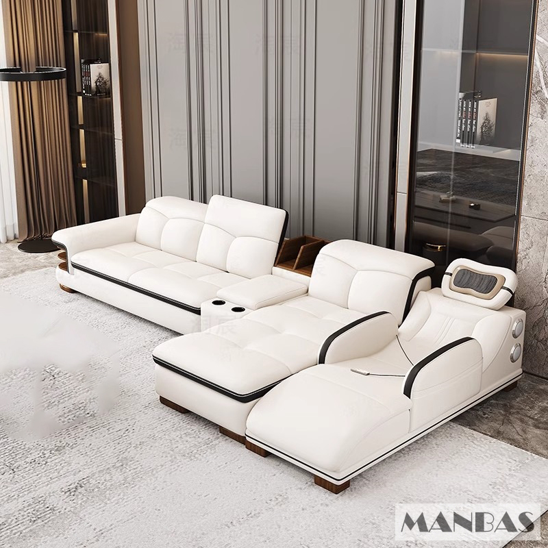 Sofa da thật hình chữ L sang trọng có loa Bluetooth – Ghế sofa da Ý phòng khách MANBAS có massage
