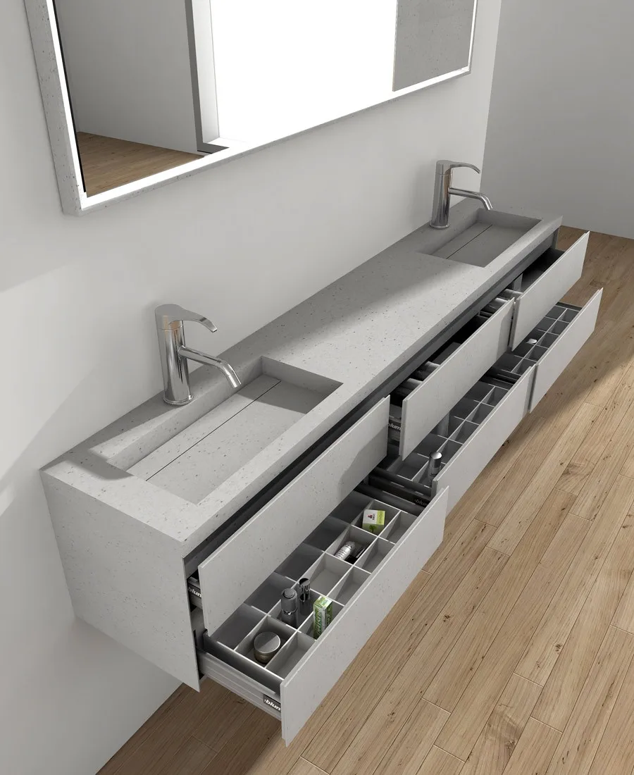 Tường đá phòng tắm 1800mm Tủ treo đồ nội thất Vanity 6 ngăn kéo Chậu thạch anh acrylic