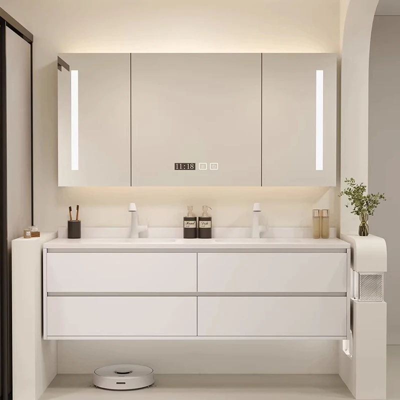 Tủ phòng tắm Nội thất thông minh Phong cách kem Ánh sáng sang trọng Bảng đá Chậu rửa mặt Liền mạch Rửa tay bằng gốm sứ Mặt tủ
