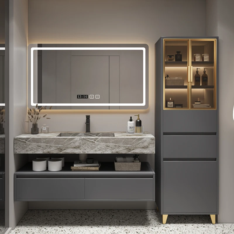 Tủ Phòng Tắm Đá Phiến Một Lưu Vực Hiện Đại Tối Giản Chắc Chắn Tủ Đồ Nội Thất Cao Cấp Tiêu Chuẩn Quốc Gia Gỗ Bồn Rửa Bồn Cầu Wa