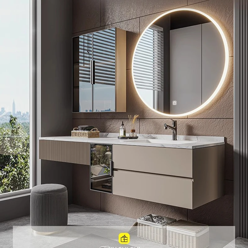 Tủ phòng tắm Vanity Combo Tấm đá Liền mạch Bồn rửa Gương trang điểm Vanity Chậu rửa Meuble Toilette Nội thất phòng tắm KMBC