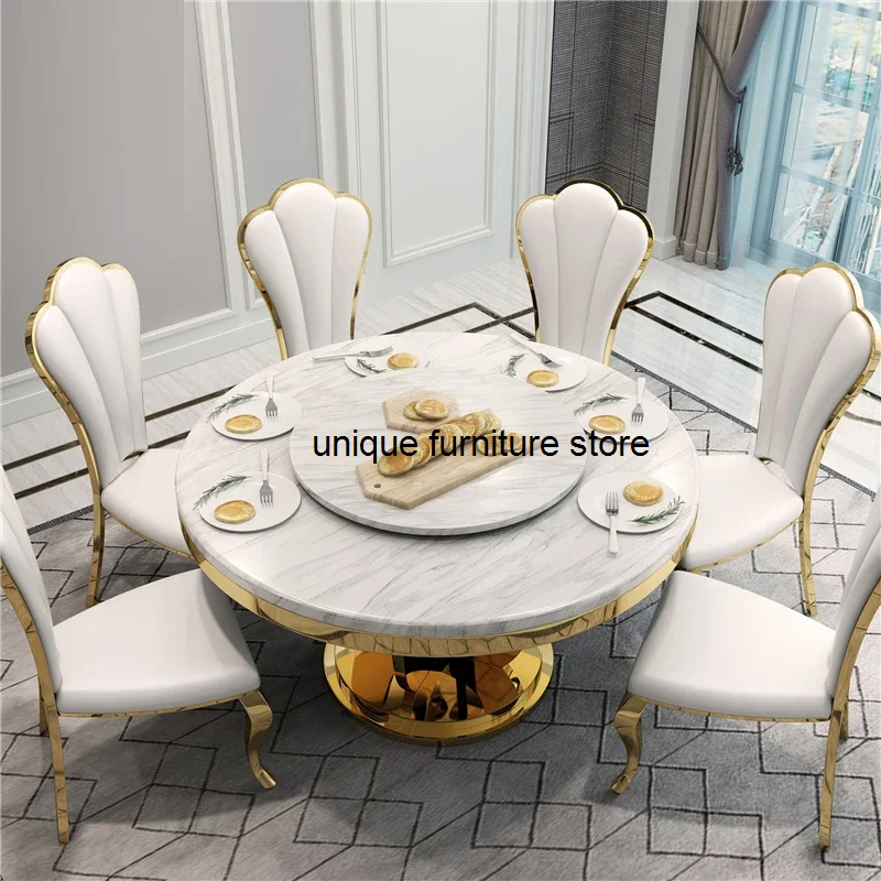 Bộ bàn ăn tròn màu đen Bộ 6 ghế Bàn xoay Nhà hàng lớn Hiện đại Thép không gỉ đơn giản Mesa Comedor Nội thất