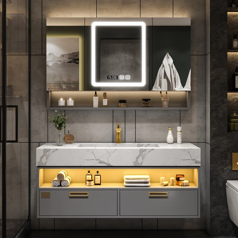 Ánh sáng tùy chỉnh Phòng tắm sang trọng Tấm đá Toàn bộ Washbin Washstand Chậu rửa Kết hợp tủ phòng tắm thông minh