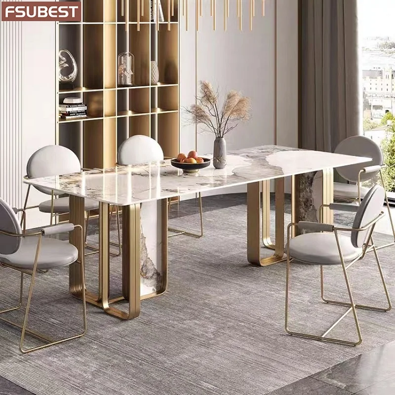 Nhà thiết kế Bữa Tối Sang Trọng Tấm Đá Phòng Ăn Bộ 4 6 8 Ghế Nội Thất Esttisch Meuble Marbre Thép không gỉ Đế Vàng