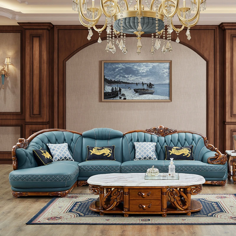 Sofa Da Châu Âu Kết Hợp Góc Sofa Cao Cấp Sang Trọng Da Bò Gỗ Nguyên Khối Sofy Do Salonu Nội Thất Căn Hộ