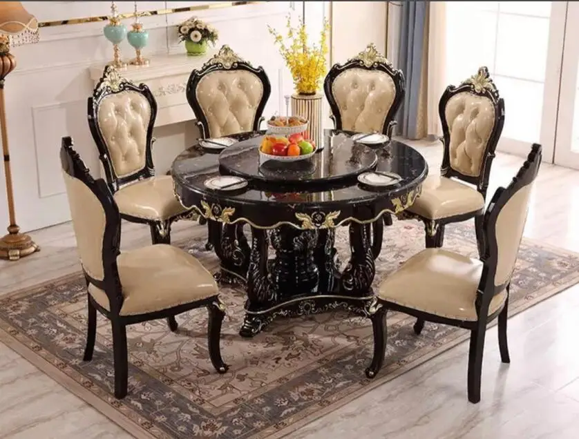 Châu Âu Bàn Ăn Tròn Kết Hợp Sang Trọng Gỗ Mun Ánh Sáng Sang Trọng Tất Cả Gỗ Chắc Chắn Chạm Khắc Đá Cẩm Thạch Bàn Ăn Ghế Mỹ Famil