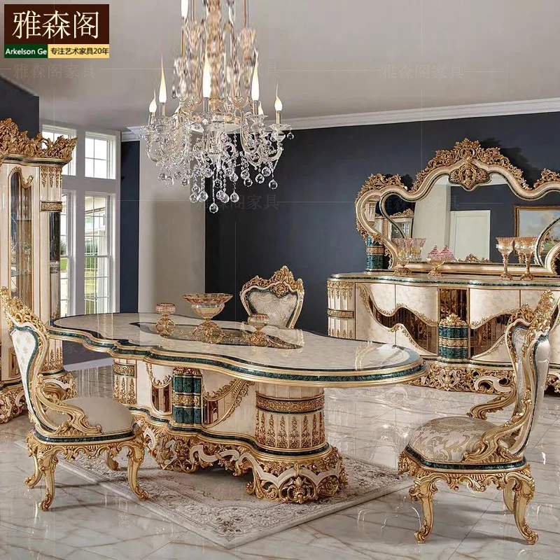Bàn ghế ăn vải chạm khắc gỗ nguyên khối của Pháp kết hợp biệt thự Châu Âu hình chữ nhật 1 bàn 8 ghế sang trọng trọn bộ
