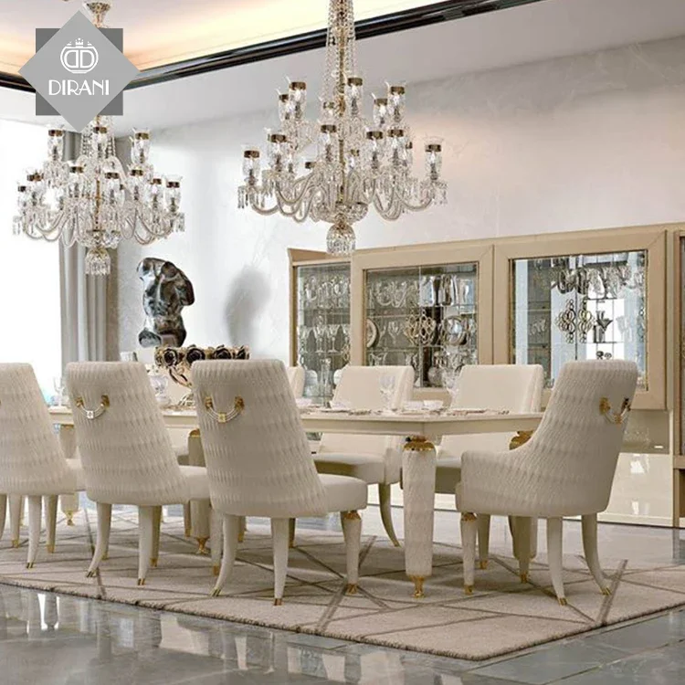 Bàn ăn Phong cách Ý Đá cẩm thạch Granite Top Bàn ăn và Ghế da Nội thất phòng ăn sang trọng Bộ bàn ăn chân gỗ