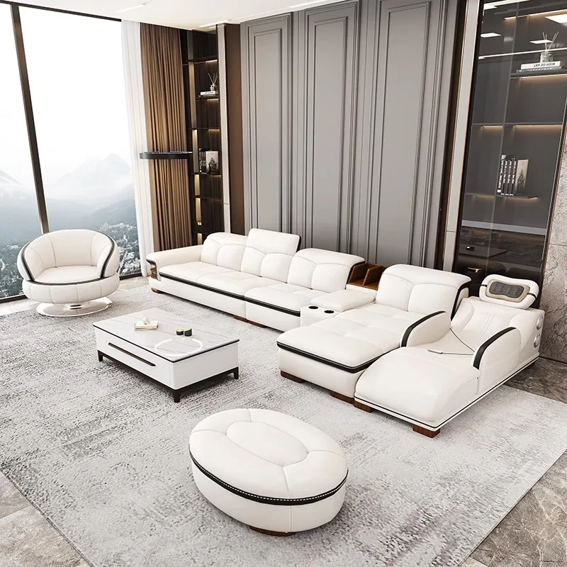 Sofa da thật hình chữ L sang trọng có loa Bluetooth – Ghế sofa da Ý phòng khách MANBAS có massage