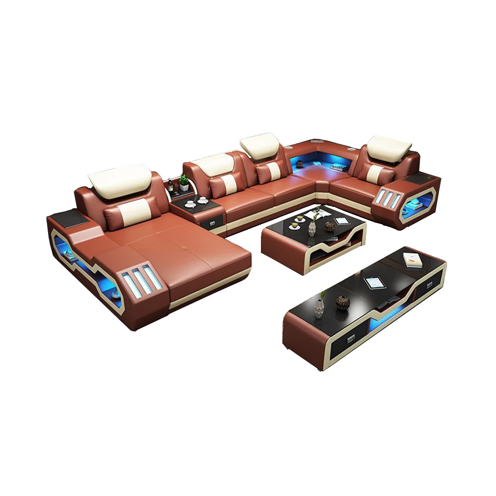 Sofa phòng khách sang trọng MANBAS Sofa da thật Ý có loa Bluetooth, USB và đèn LED + Bàn cà phê, Chân đế TV
