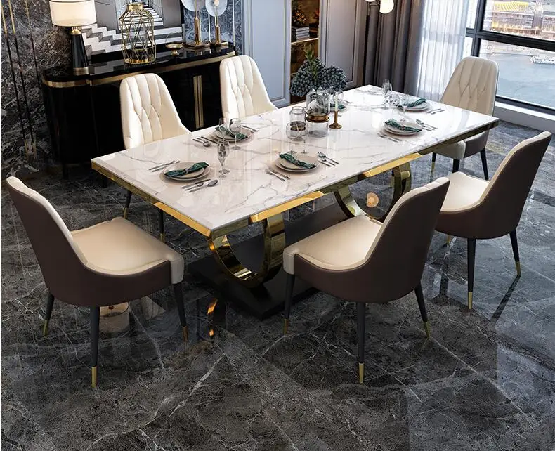 Bàn ăn đá cẩm thạch kết hợp ghế hình chữ nhật bàn ăn inox gia đình nhỏ