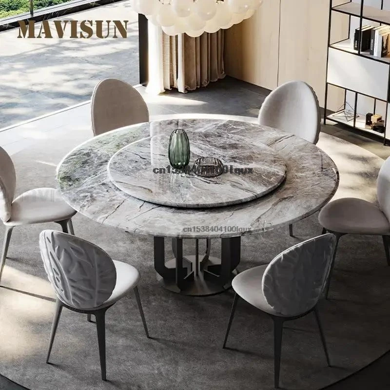 Bộ bàn ghế nhà bếp hiện đại Kết cấu tự nhiên Máy tính để bàn bằng đá cẩm thạch Khung thép carbon đen Bàn ăn tròn có bàn xoay