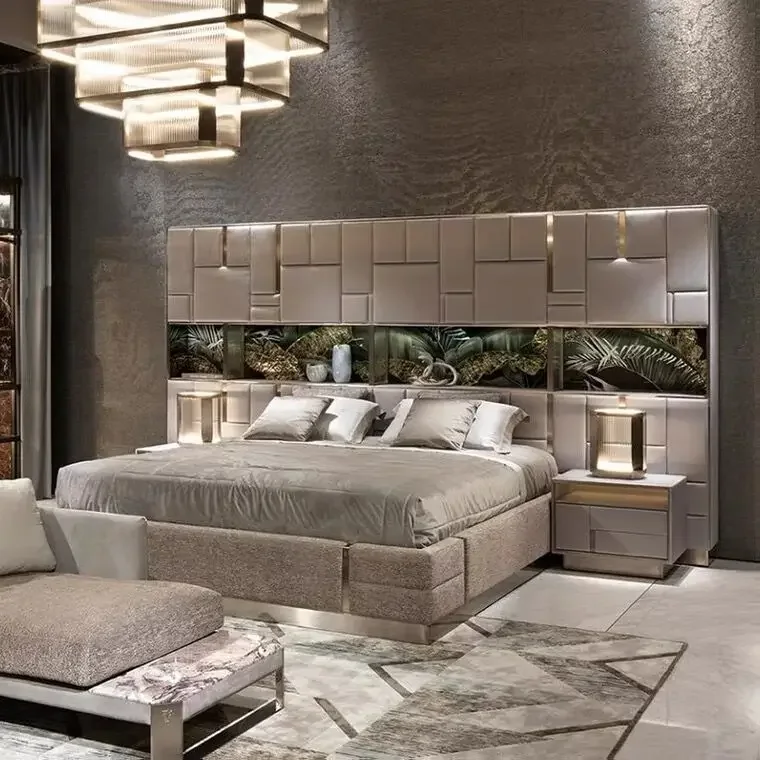 Bán chạy mới Tùy chỉnh Nội thất phòng ngủ sang trọng của Ý Giường đôi da cao cấp Đầu giường lớn Giường cỡ King hiện đại sang trọng