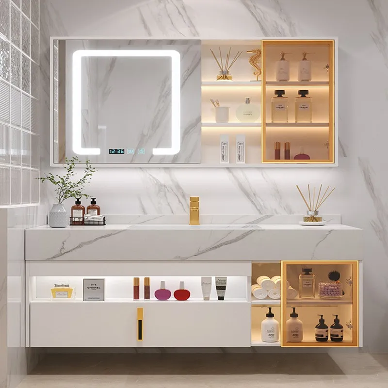 Ánh sáng mới Sang trọng Đá phiến Tủ phòng tắm Cảm ứng thông minh Chậu rửa đôi Bộ đầy đủ Nội thất gỗ nguyên khối Bàn rửa tùy chỉnh
