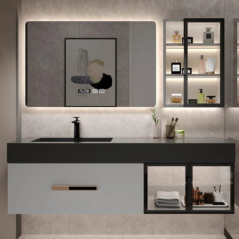 Ánh Sáng Mới Cao Cấp Đá Phiến Tủ Phòng Tắm Cảm Ứng Thông Minh Mẹ chồng Chậu Rửa Rửa Vệ Sinh Gỗ Chắc Chắn Treo Tường Chắc Chắn