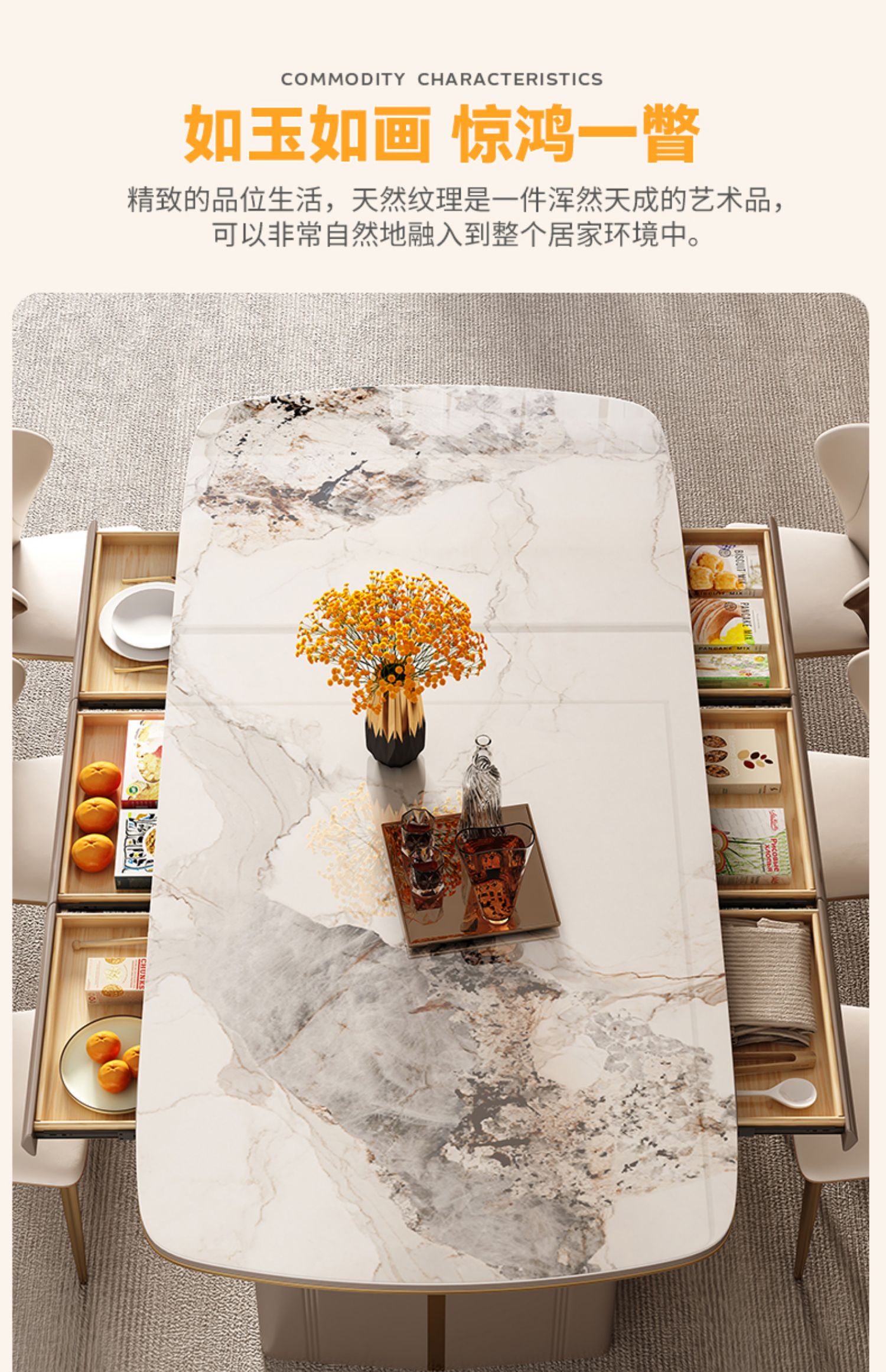 Bộ bàn trang điểm Bộ ghế Khách sạn Đá cẩm thạch Tiếp tân Bàn bên máy tính 8 người Mesa Comedor Bàn cà phê