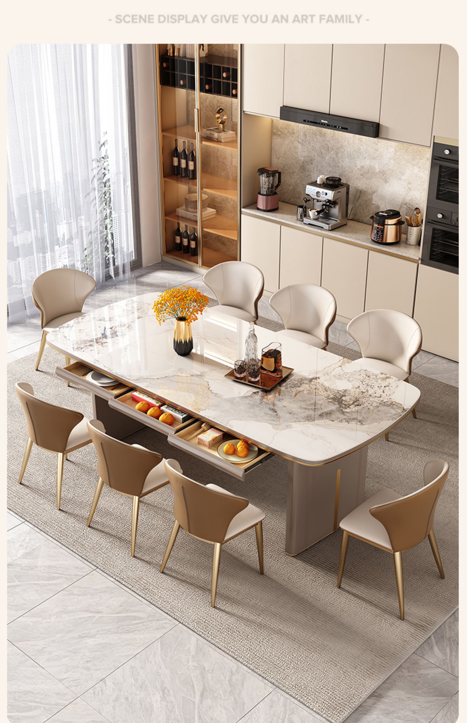 Bộ bàn trang điểm Bộ ghế Khách sạn Đá cẩm thạch Tiếp tân Bàn bên máy tính 8 người Mesa Comedor Bàn cà phê