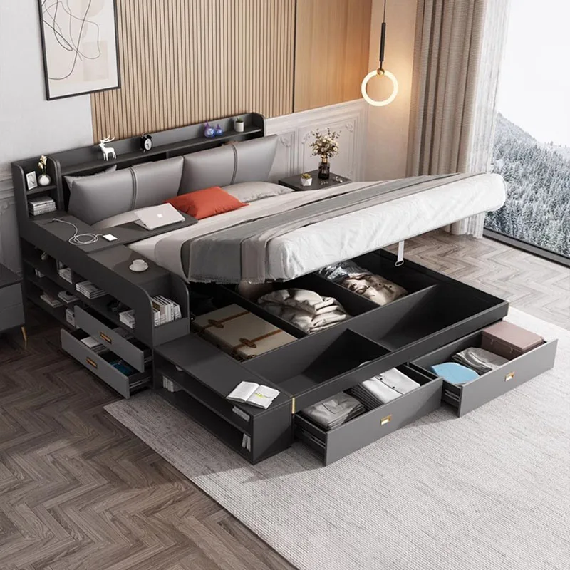 Biệt thự bọc nệm Giường đôi Thiết kế quyến rũ Hiện đại King Size Khung giường Lưu trữ Ngủ an toàn Cama Box Casal Nội thất