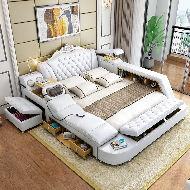 Đầu giường màu trắng Lưu trữ Giường đôi Khách sạn hiện đại sang trọng King Size Giường thông minh Công chúa Hiện đại Cama Hôn nhân Nội thất phòng ngủ
